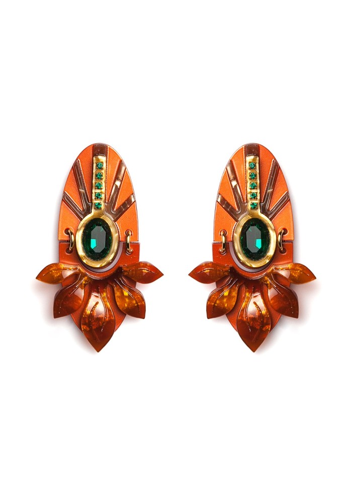 Large orange earrings with green cubic zirconia...