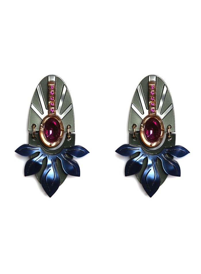 Gray earrings with bougainvillea-colored cubic...