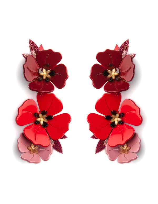 Boucles d'oreilles longues fleurs rouges 2