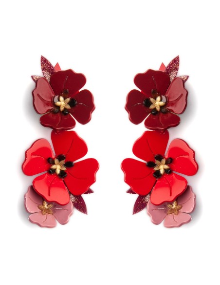 Pendientes largos de flores en color rojo para invitada