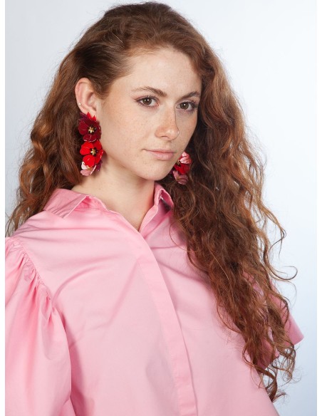 Boucles d'oreilles longues fleurs rouges