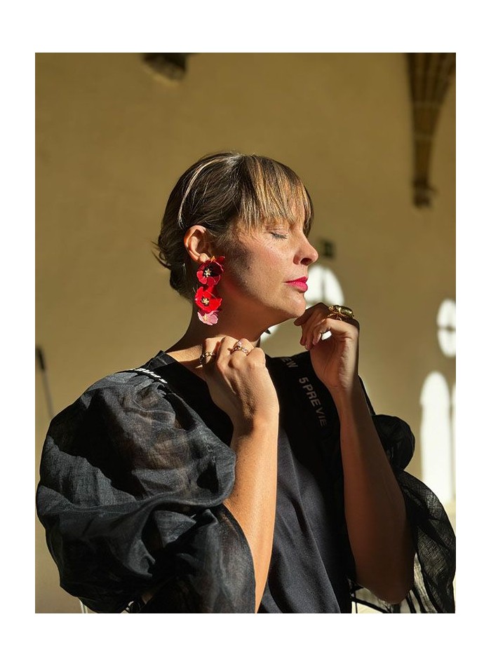 Boucles d'oreilles longues fleurs rouges