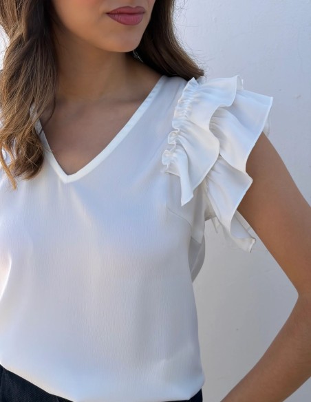 Blusa con escote en pico y volantes en las mangas para mujer