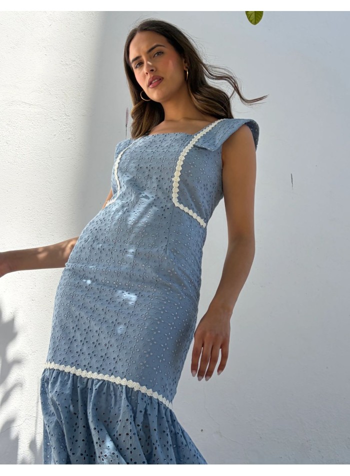 Midi dress in jade blue with white details