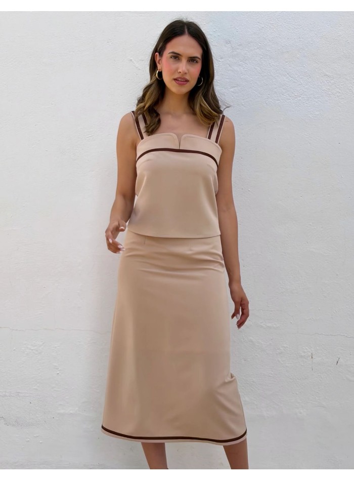 Sand-colored set with embroidered top and midi...