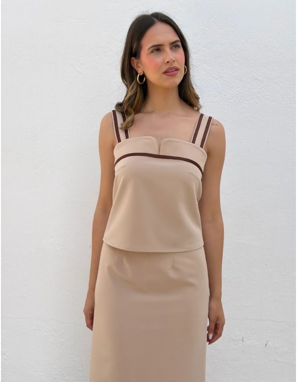 Sand-colored set with embroidered top and midi skirt 2