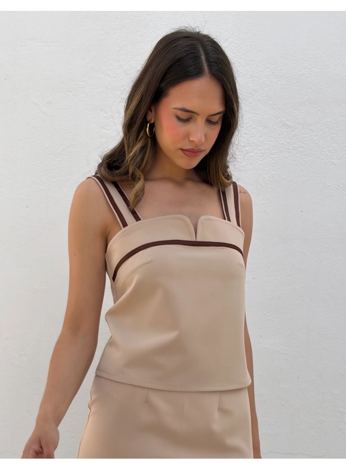 Sand-colored set with embroidered top and midi...