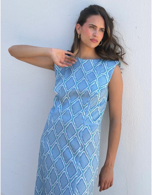 Midi dress with sky blue geometric print with overlapping...