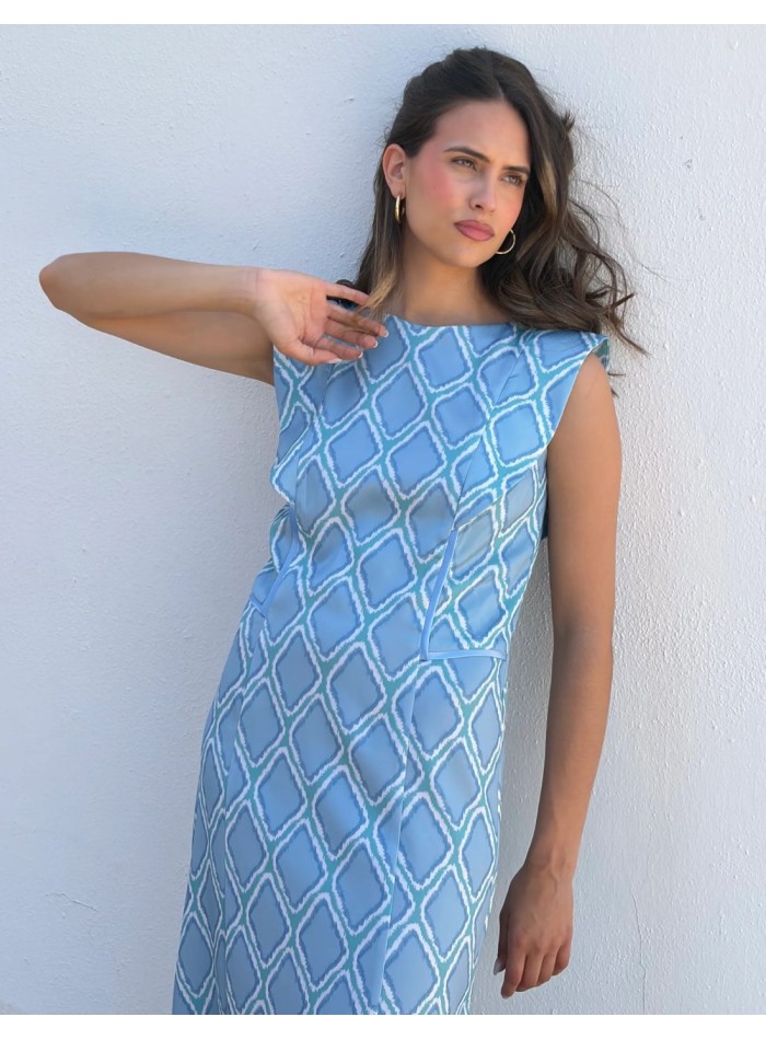 Midi dress with sky blue geometric print with...