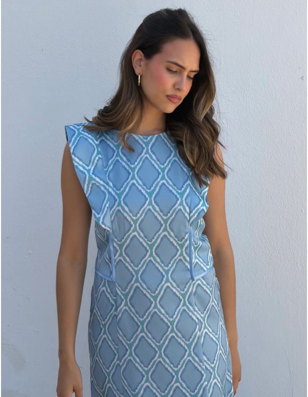 Robe midi à imprimé géométrique bleu ciel avec manches à... 2