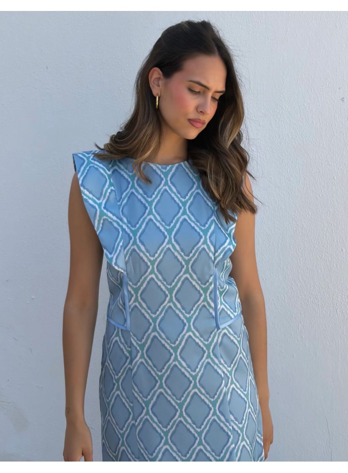 Midi dress with sky blue geometric print with...