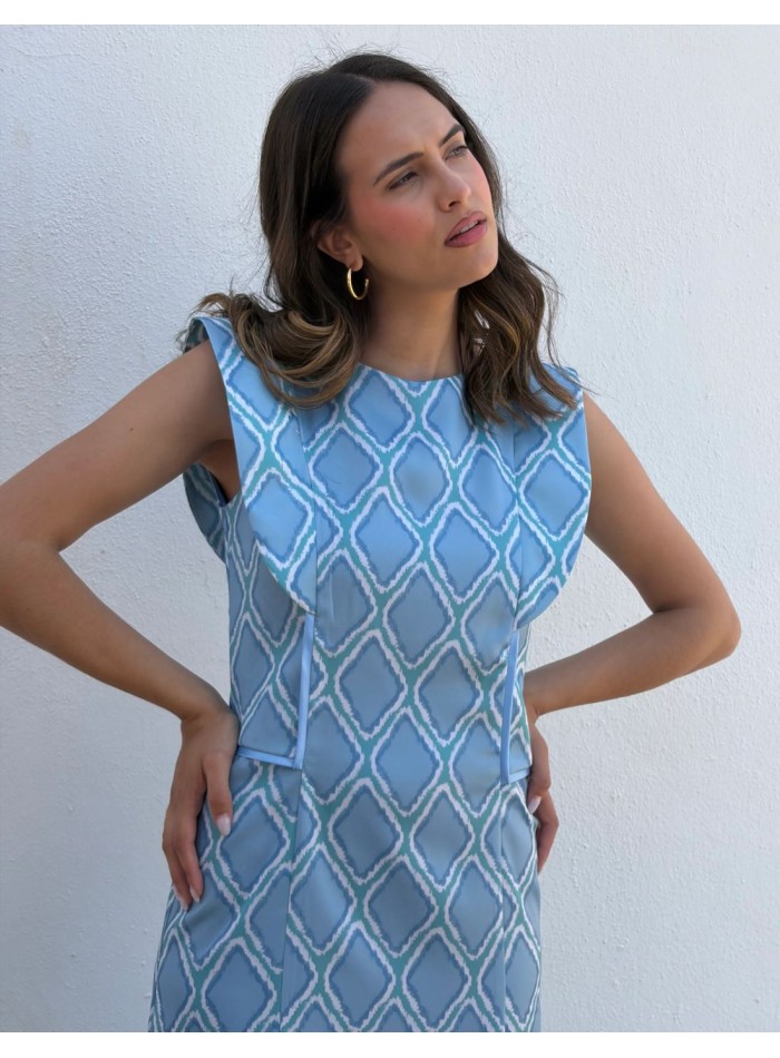 Robe midi à imprimé géométrique bleu ciel avec...