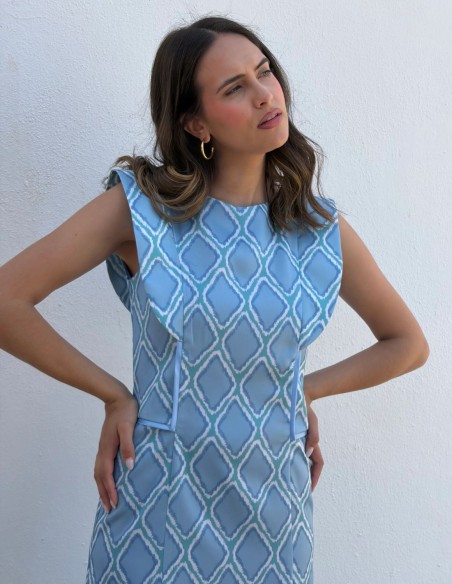 Vestido midi con estampado geométrico azul cielo con mangas solapadas