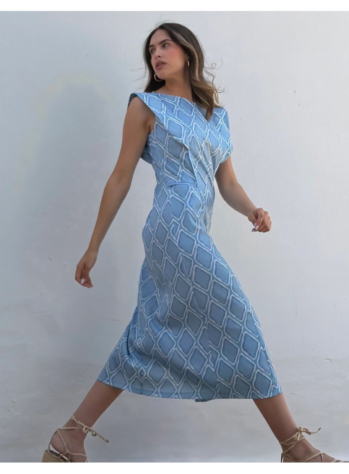 Midi dress with sky blue geometric print with...