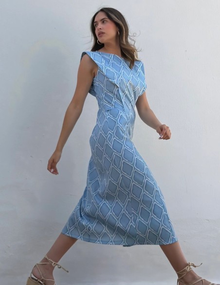 Robe midi à imprimé géométrique bleu ciel avec manches à rabat