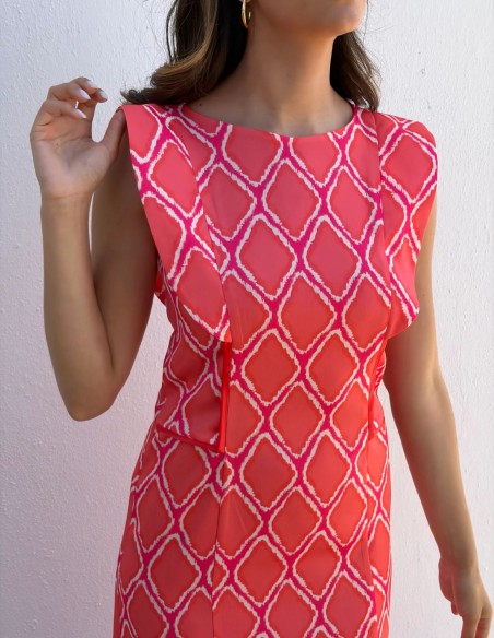 Robe midi à imprimé géométrique corail et manches superposées