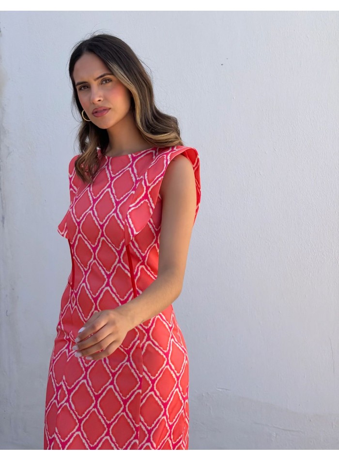 Coral geometric print midi dress with...