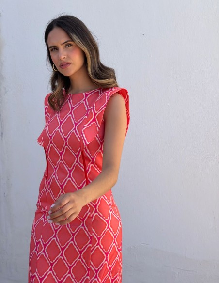 Coral geometric print midi dress with overlapping sleeves