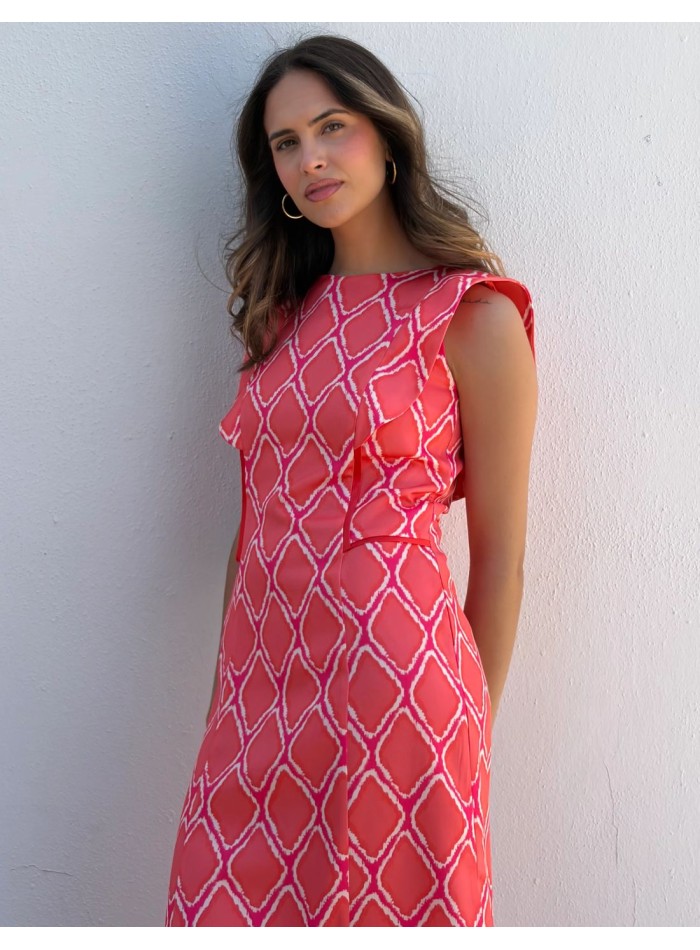 Robe midi à imprimé géométrique corail et...