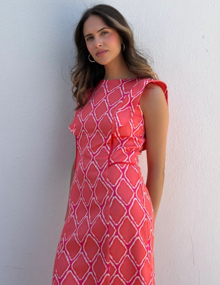 Robe midi à imprimé géométrique corail et manches superposées