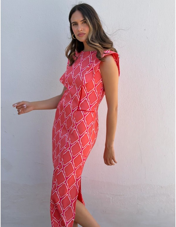 Vestido midi con estampado geométrico coral con mangas solapadas