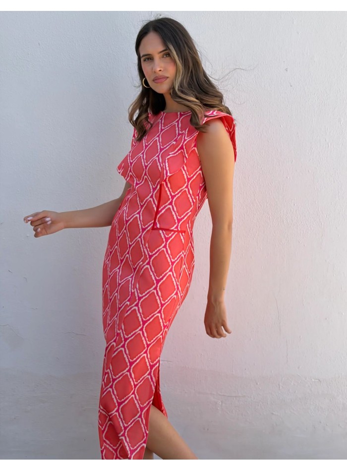 Vestido midi con estampado geométrico coral con mangas solapadas