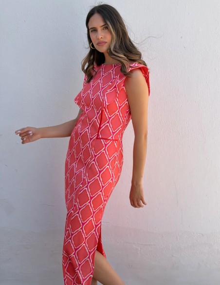 Coral geometric print midi dress with overlapping sleeves