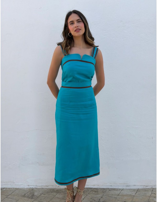 Turquoise two-piece set with brown embroidered strips