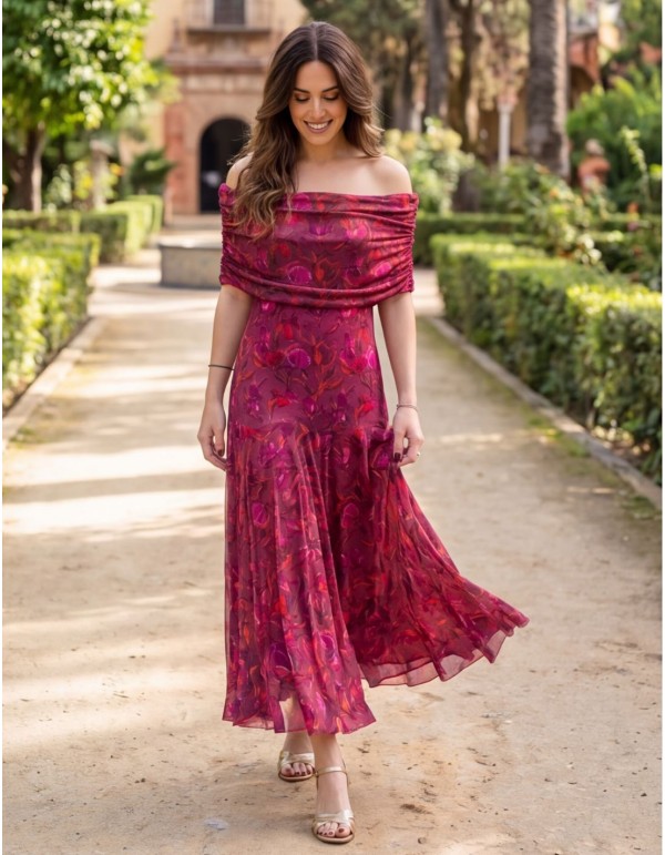 Bougainvillea floral midi dress with multiposition neckline