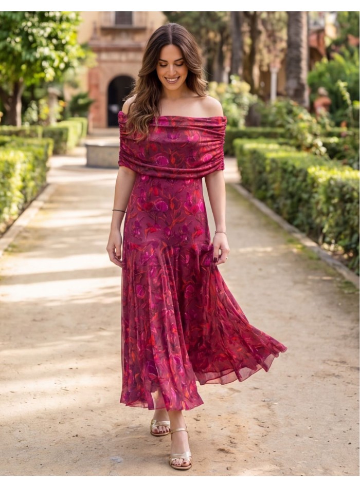 Robe midi à fleurs Bougainvillea avec encolure...