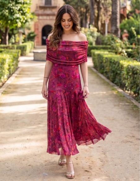 Vestido midi floral buganvilla con escote multiposición