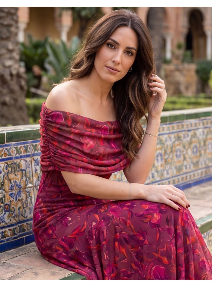 Robe midi à fleurs Bougainvillea avec encolure...