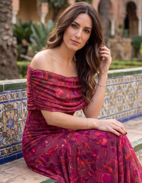 Robe midi à fleurs Bougainvillea avec encolure multipositions