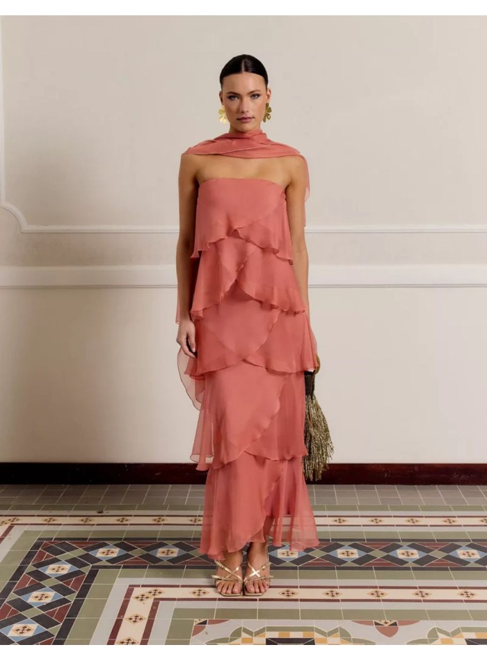 Long strapless neckline and chiffon layered...