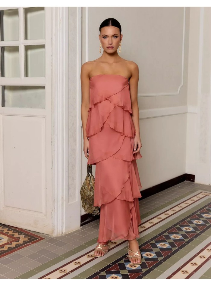 Long strapless neckline and chiffon layered...