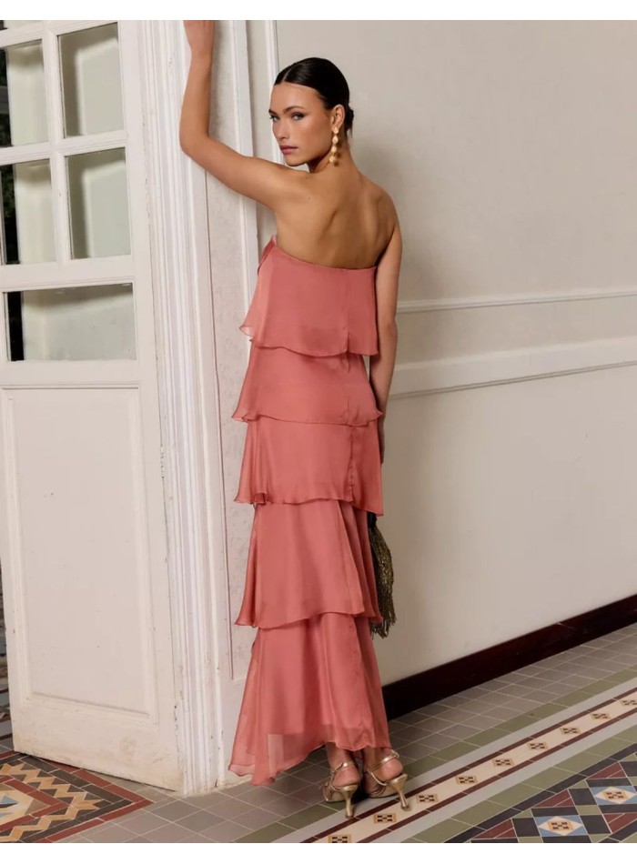 Long strapless neckline and chiffon layered...