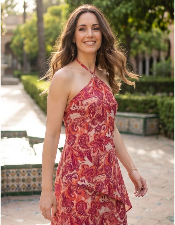 Robe midi à fleurs roses avec encolure dos nu pour l'invitée