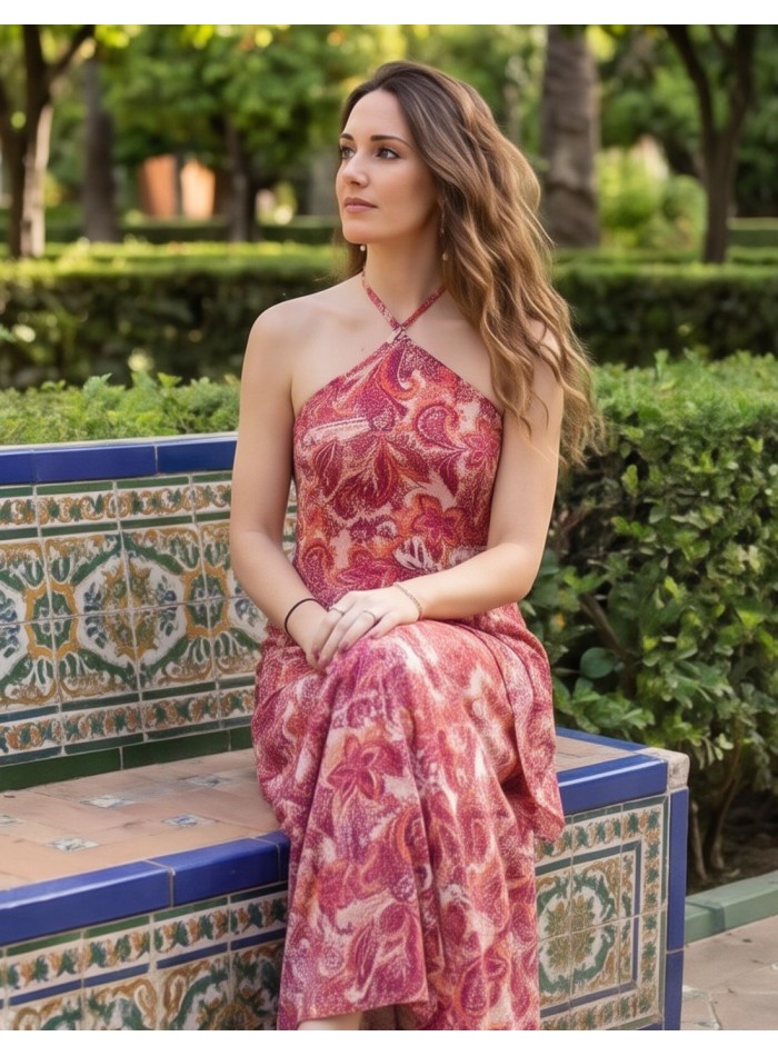 Vestido midi floral rosa con cuello halter para...