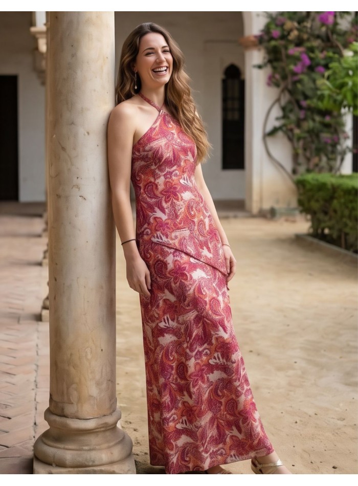 Pink floral midi halter neck midi dress for guest