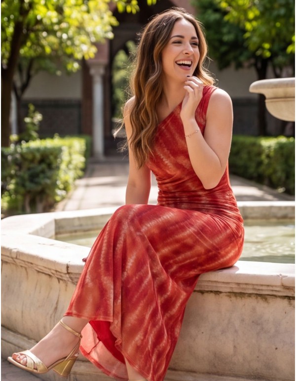 Asymmetrical red printed midi dress with draped design 2