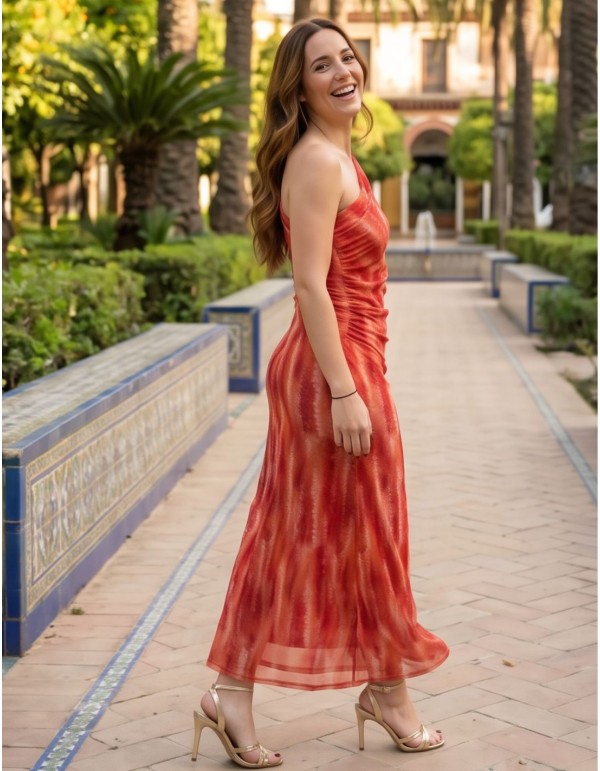 Asymmetrical red printed midi dress with draped design