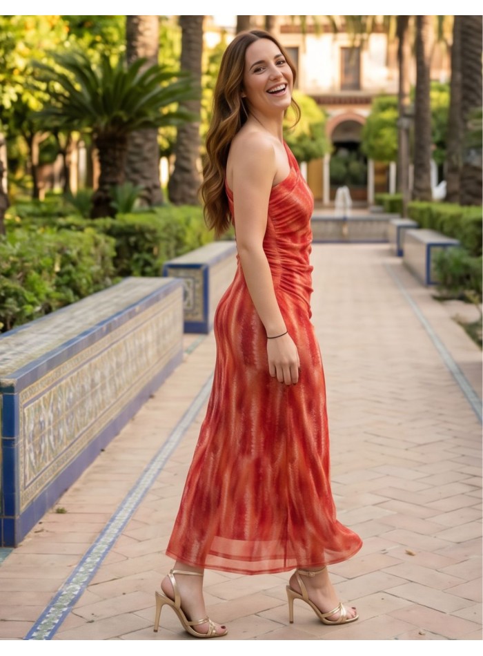 Asymmetrical red printed midi dress with draped...
