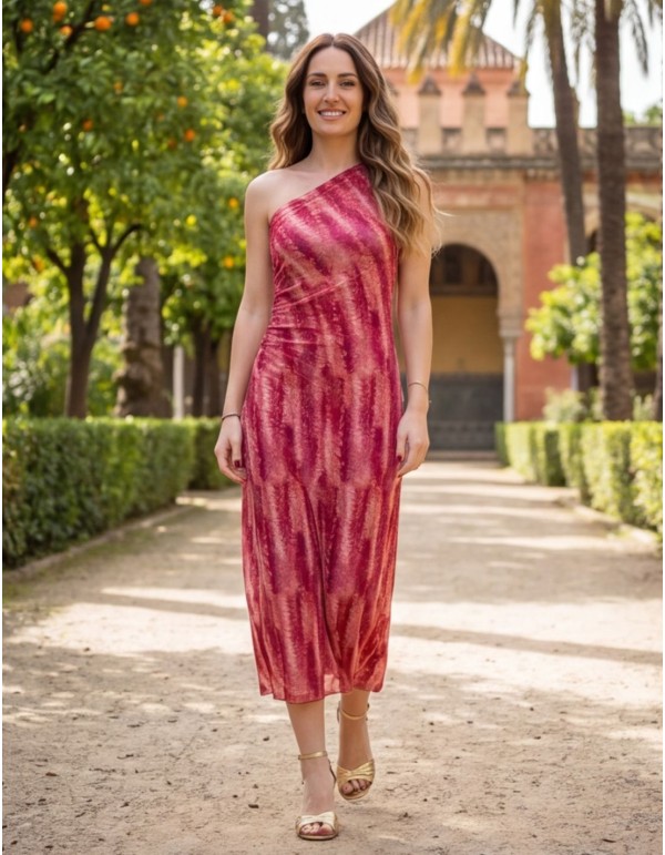 Vestido midi asimétrico con estampado rosa y drapeado