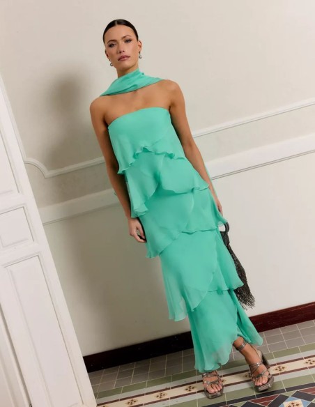 copy of Robe d'invité longue en mousseline de soie à encolure sans bretelles et superposée
