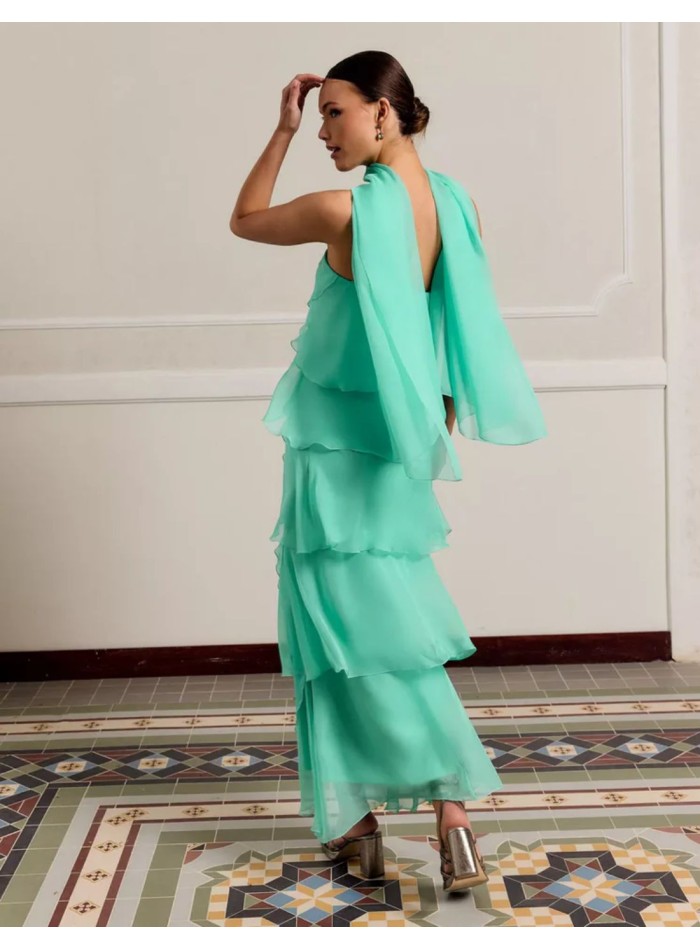 Vestido largo verde agua con escote palabra de...