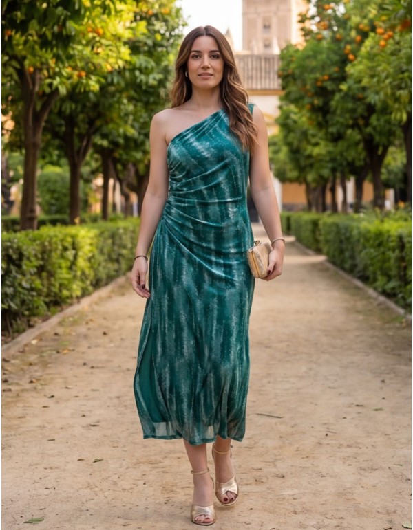 Vestido midi asimétrico estampado en tonos verdes y...