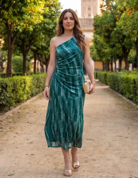 Vestido midi asimétrico estampado en tonos verdes y azules con drapeado en cintura