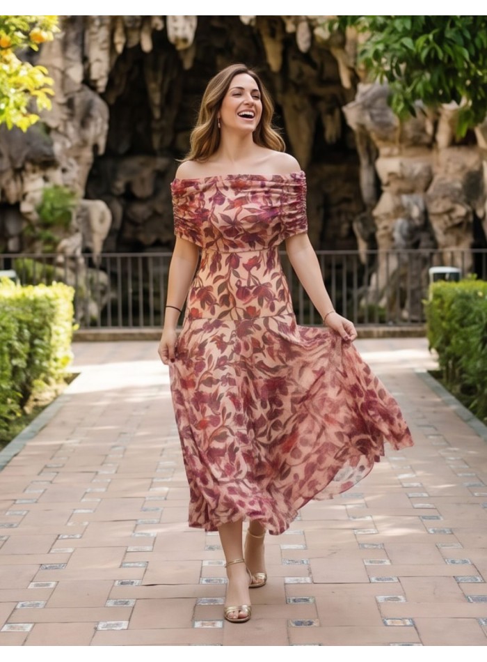 Beige midi dress with floral print and bardot...