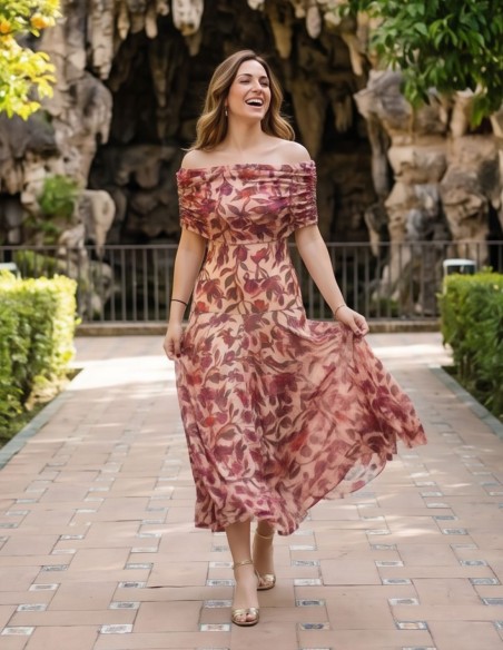 Beige midi dress with floral print and bardot neckline
