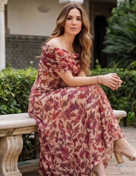 Vestido midi beige con estampado floral y escote bardot